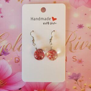 Silver Plated Real Dried Red Flower Resin Earrings - Round